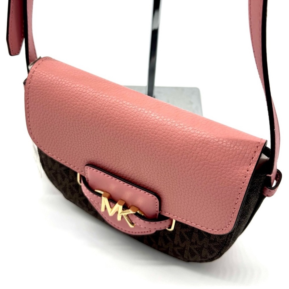 Michael Kors Small Reed Leather Saddle Crossbody Bag Brown/Light Pink - Picture 6 of 9